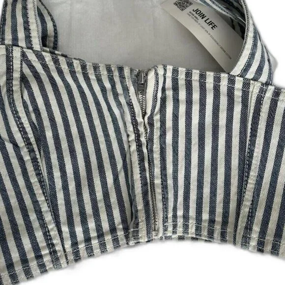 Zara Women's Denim Crop Top White Blue Striped Side Zip Bustier Tank Size Small - Picture 3 of 7
